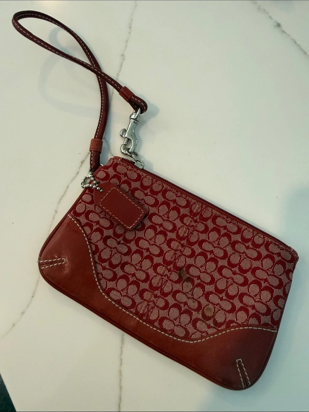 Coach Red Signature Jacquard Wristlet with Leather Trim and Strap